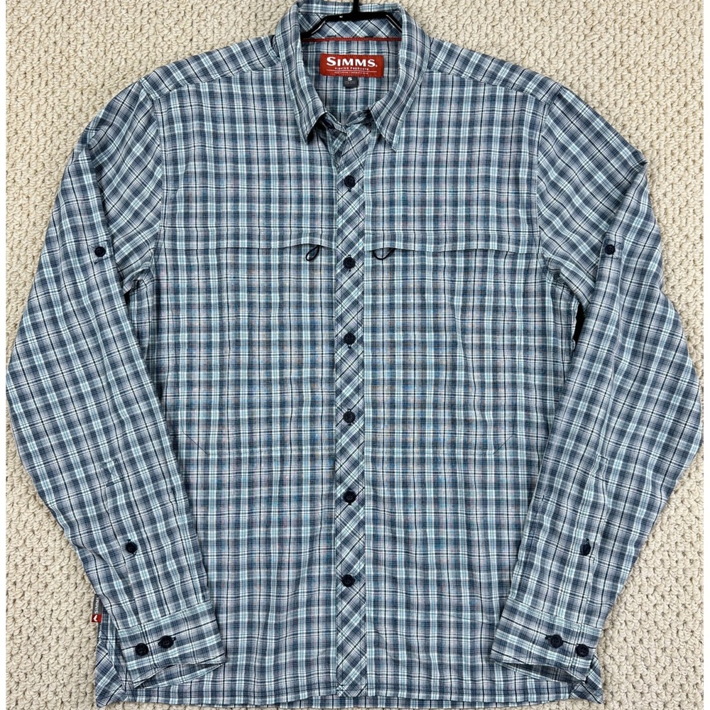 Simms Shirt Mens S Blue/Gray Plaid Stone Cold Roll Up Sleeve Button Up Fishing
